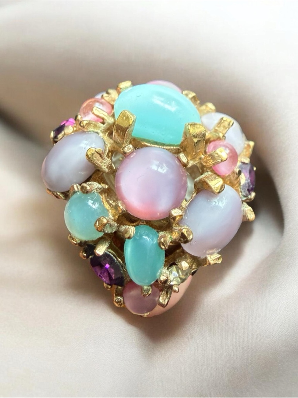 Gold-Tone Multicolor Cabochon Cluster Ring - Pastel Blue & Pink